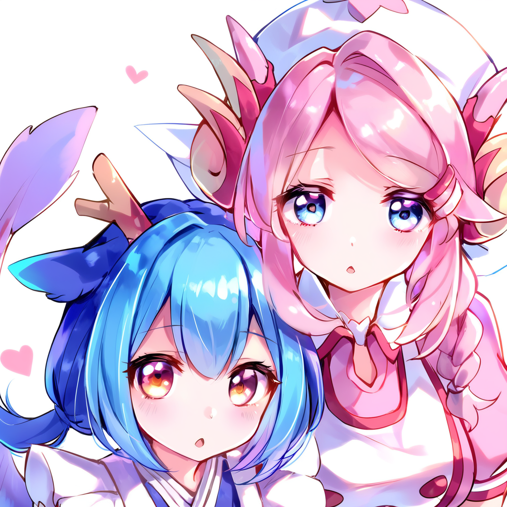 score_9, score_8_up, score_7_up (score_9:0.9),score_8_up,score_7_up,anime style,rating_safe,(zPDXL),<lora:Nurse dragonmaid ponyXL v1:0.88>,nurse cap, nurse dragonmaid, pink wings, nurse dress, pink fingerless gloves, laundry dragonmaid, blue maid outfit, blue fingerless gloves, 2girls, multiple girls, open mouth, heart, looking at viewer, upper body, white background