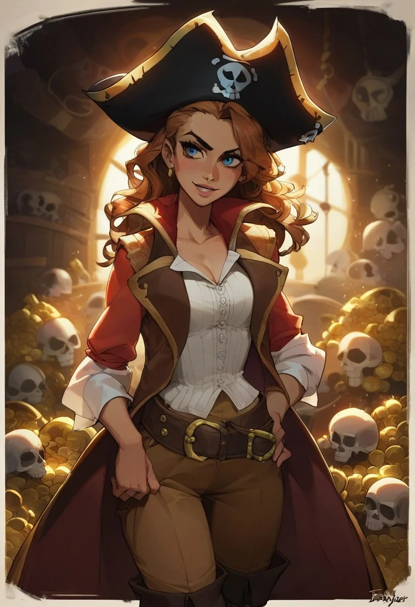 score_9, score_8_up, score_8_up, sexy woman, pirate, pirate hat, vest on bare body, brown pants, thick belt, skull island, sunny day, gold, treasure, highly detailed, dynamic lighting, depth of field, absurdres, best quality,