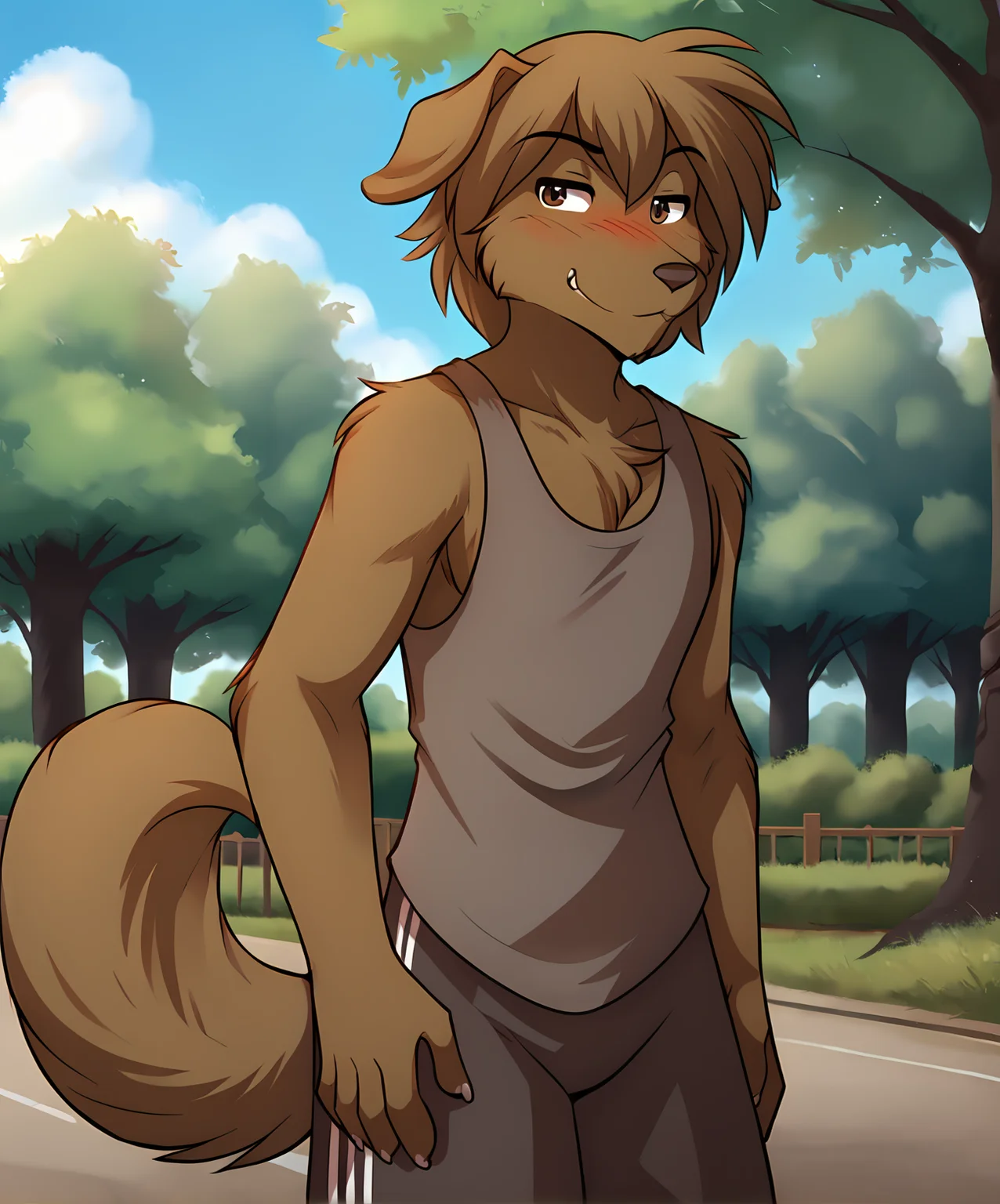 score_9, score_8_up, score_7_up,score_6_up,score_5_up, source_furry
BREAK
solo, furry male anthro, medium hair, (blushing, seductive, smug), tank top, gym shorts, (outdoors, park), digitigrade
BREAK
<lora:Evals-Twokinds-SDXL-AnonTK-V1:1>, evals-twokinds, dog tail, floppy ears