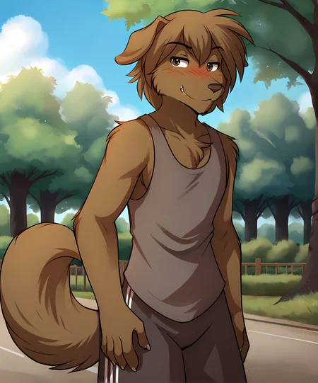 score_9, score_8_up, score_7_up,score_6_up,score_5_up, source_furry
BREAK
solo, furry male anthro, medium hair, (blushing, seductive, smug), tank top, gym shorts, (outdoors, park), digitigrade
BREAK
<lora:Evals-Twokinds-SDXL-AnonTK-V1:1>, evals-twokinds, dog tail, floppy ears