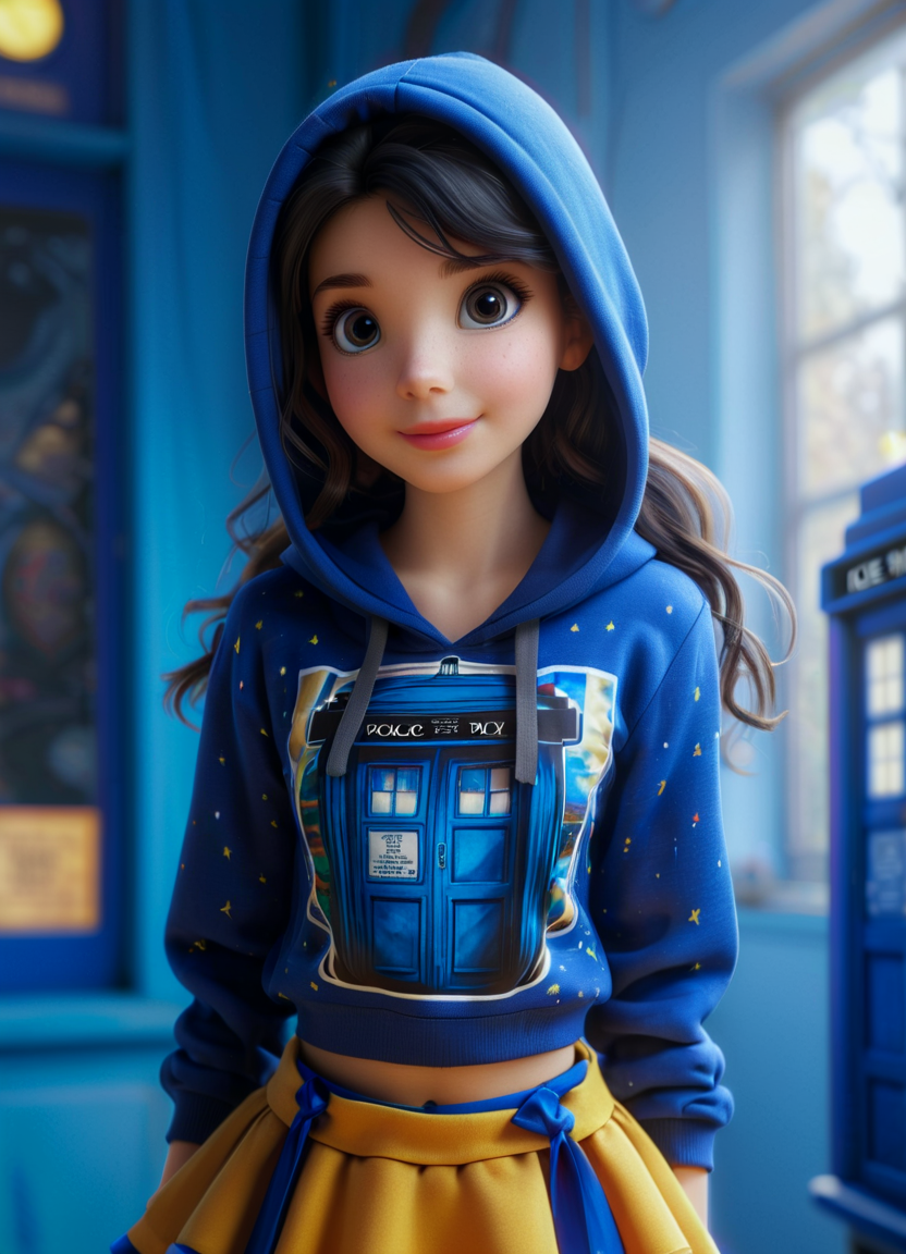 (full body portrait) 22-year-old woman, solo, long hair, hoodie, tardis design hoodie, (midriff:1.1), looking at viewer, blue background, black hair, simple background, twoes, lips, sexy mouth, ribbon, hair ribbon, bangs, turtleneck sweater, upper body, part side up, turtleneck, blue eyes, bangs, black ribbon, ribbed hoodie, twin tails, nose  <lora:Tardis_Style:0.8> tardisstyle, whovian  <lora:Cute_3D_Cartoon:0.85>, subsurface scattering, Photorealistic, Hyperrealistic, analog style, realistic, film photography, soft lighting, heavy shadow