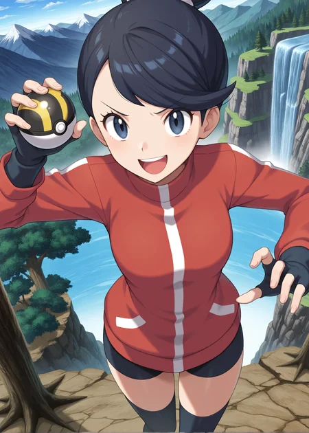 1girl,solo,masterpiece,best quality, anime screencap,pokemon hgss,
<lora:Ace_Trainer_HGSS_v1_IL:0.6>,AceTrainerHGSS,black hair,single hair bun, swept bangs,short hair,red track jacket,long sleeves,black thighhighs,fingerless gloves,bike shorts,upper teeth only,
smile,looking at viewer,close-up, straight-on, standing,open mouth, holding poke ball, ultra ball,from above, v-shaped eyebrows, mountain, waterfall,tree, day, hand up, furrowed brow,dynamic pose,
