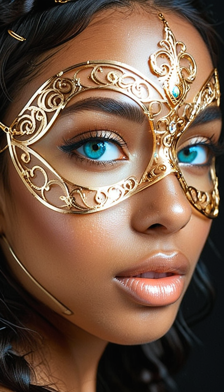 Close-up gorgeous girl face , cute, dark skin,  (bangs), freckles, (striking large turquoise eyes), aligned eyes, mirror eyes, (half smile), nose piercing gold,
brow piercing gold,
BREAK,
(wearing transparent  Venetian Mask with intricate very detailed gold filigree), (thin detailed gold filigree), wavy hair, braid,
long lashes, trendy portrait,
tender Aesthetic nose, Aesthetic chin, ears, puffy lips, sensual lips, detailed texture, detailed eyes, detailed skin, clean skin,
<lora:Someplastic:1>, (ultra sharp focus:1.8), (detailed skin:1.8), (thin lines:1.8), (best quality:1.8),
<lora:Apparatus_-_Traction_City_Walkers_Vehicles:0.7>,
<lora:add-detail-xl:2> (ultra sharp focus:1.8), (detailed skin:1.8), (thin lines:1.8), (best quality:1.8),
<lora:glowneon_xl_v1:0.8>