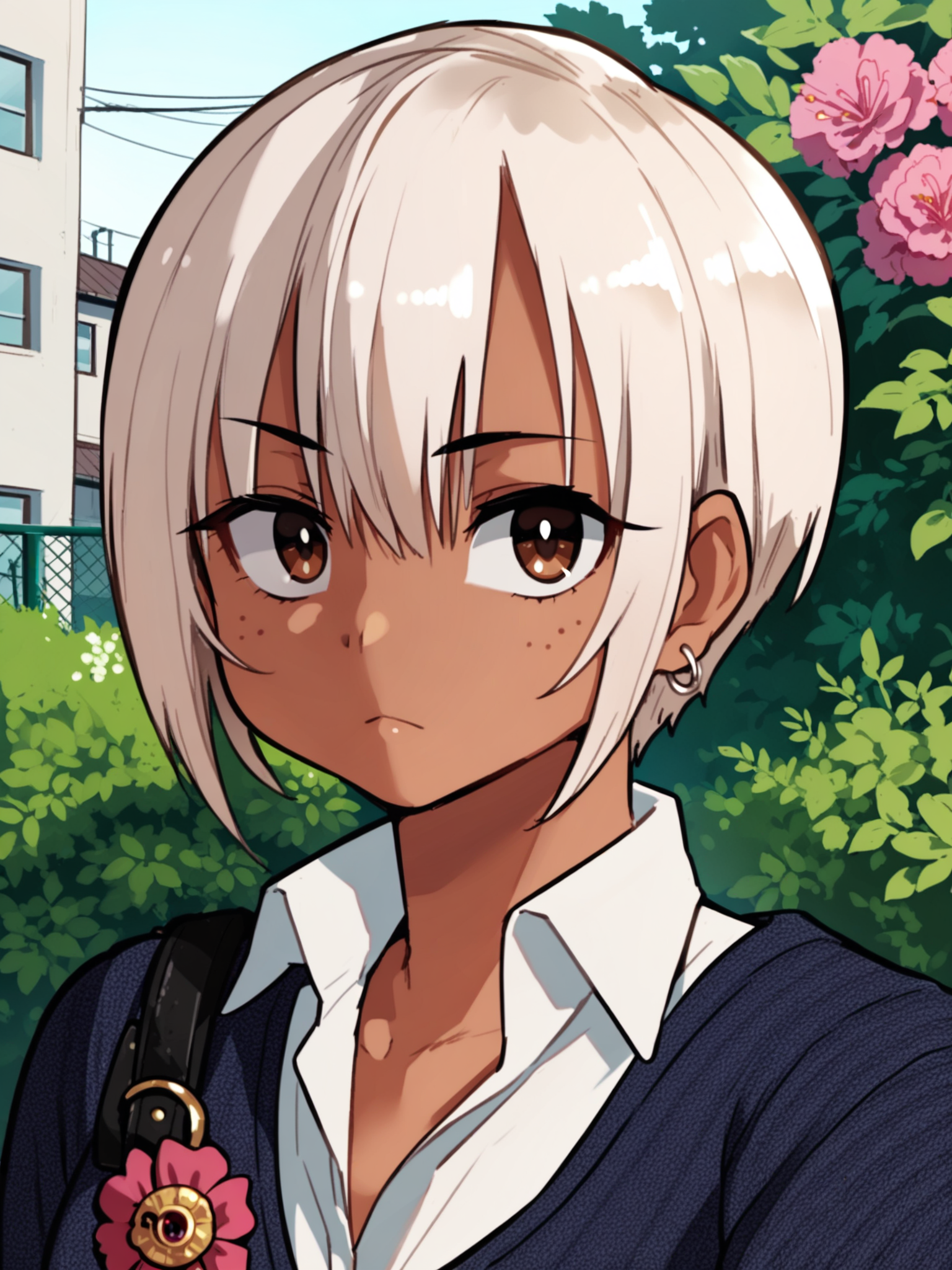 <lora:happy_tentacle-cherry_asuka-v0.1-000030:1>, ht_cherry_asuka, earrings, tan, brown eyes, school uniform, collared shirt, cardigan, flower brooch, outdoors , 1girl, solo, upper body , evil eyes , (emotionless :1.1), , looking back , standing , , score_9, score_8_up, score_7_up, score_6_up, score_5_up, score_4_up