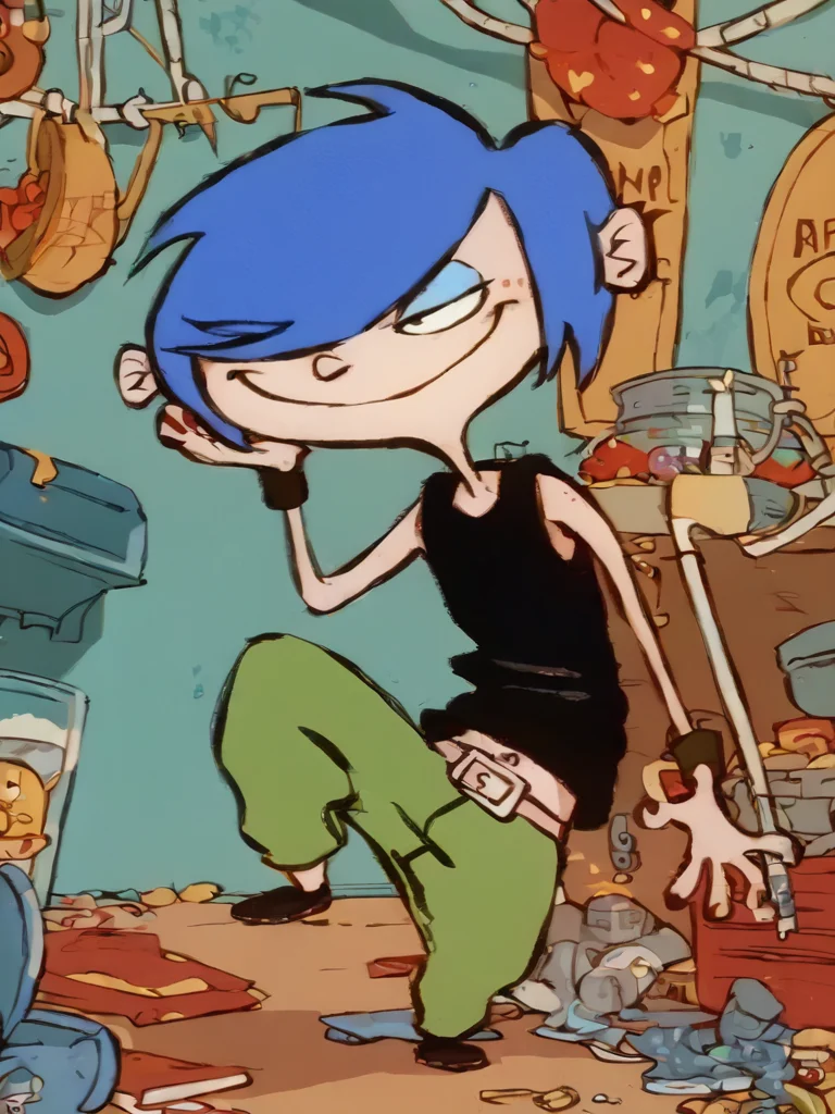 score_9, score_8_up, score_7_up, mariek, blue hair, short hair, hair over one eye, 1girl, solo, female focus, smile, green pants, tank top <lora:MarieKPony1.0:1>