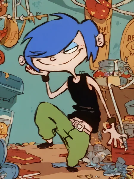 score_9, score_8_up, score_7_up, mariek, blue hair, short hair, hair over one eye, 1girl, solo, female focus, smile, green pants, tank top <lora:MarieKPony1.0:1>