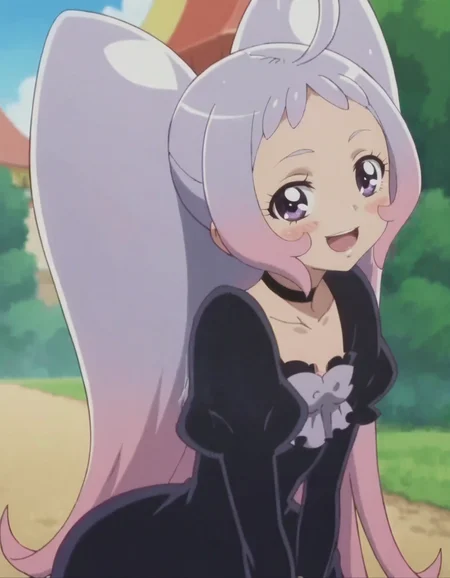 score_9, score_8_up, score_7_up, anime screencap, solo,1girl, nicosmapre,puffy sleeves, black dress, purple pantyhose, choker, smile, looking at viewer, cowboy shot,blush,open mouth,small breasts,from behind<lora:nico:0.8>