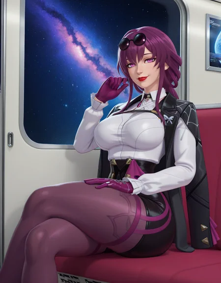 (masterpiece, best quality, ultra-detailed, absurdres, newest, detailed textures, correct anatomy:1), very aesthetic, <lora:turk128:0.5>, t0rk128, <lora:Rocner_2025_Style_-_Illustrious:0.25>, rocner2025, <lora:Artist_Style_-_bojinko_ILXL:0.25>, bojinkoo , <lora:RyanreosILv4:0.25>, ryanreos, 3D, <lora:MikaDawn3D_-_3D_Style_Illustrious:0.25>, MikaDawn3D, drawn outlines, 2d/3d hybrid, <lora:3D_Crayon:0.25>, <lora:B8M8-Illustrious:0.25>, b8m8,
kafka \(honkai: star rail\), 1girl, solo, long hair, looking at viewer, smile, shirt, long sleeves, gloves, sitting, jacket, purple eyes, white shirt, purple hair, pantyhose, sky, shorts, collared shirt, black jacket, window, sunglasses, crossed legs, star \(sky\), eyewear on head, starry sky, jacket on shoulders, red lips, purple gloves, space, pantyhose under shorts, hand on own thigh, train interior, purple pantyhose, pince-nez, high-waist shorts, nebula, detailed shading, (detailed background, complex background), intricate