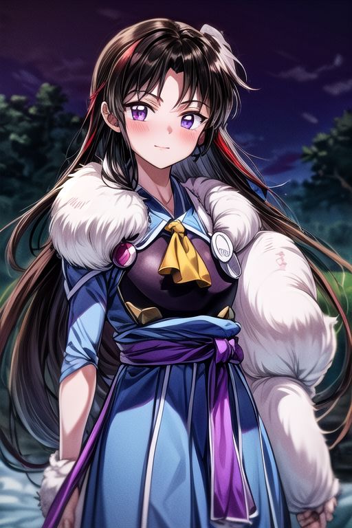 masterpiece,  best quality 1girl Setsun4 solo long hair,  (night time) forest background black hair very long hair purple eyes multicolored hair armor (fur trim) (medium body),<lora:EMS-179-EMS:0.800000>,<lora:EMS-293862-EMS:0.800000> bow, hair_bow, hair_tubes, red_bow, brown_hair, long_hair, bangs, ascot, frilled_bow, yellow_ascot, blush, smile, hair_between_eyes, athletic, armor, miko