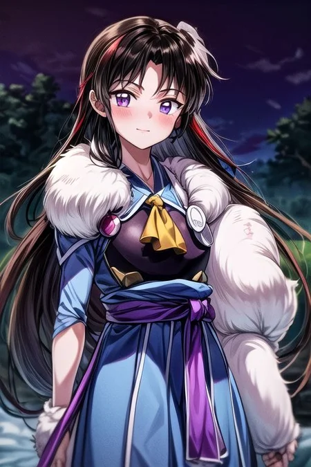 masterpiece,  best quality 1girl Setsun4 solo long hair,  (night time) forest background black hair very long hair purple eyes multicolored hair armor (fur trim) (medium body),<lora:EMS-179-EMS:0.800000>,<lora:EMS-293862-EMS:0.800000> bow, hair_bow, hair_tubes, red_bow, brown_hair, long_hair, bangs, ascot, frilled_bow, yellow_ascot, blush, smile, hair_between_eyes, athletic, armor, miko