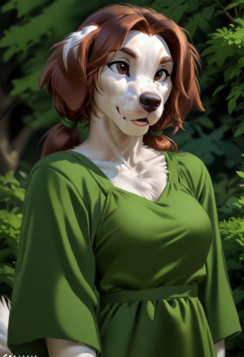 score_9, score_8_up, score_7_up, (by zummeng:1.5), (by jailbird:1.5), (by kittydee:1.5), masterpiece, best quality, (solo),  
(Furry Art : Anthro: Irish Red-White Setter:1.5), 1girl, expressive eyes, feminine eyes, perfect face, feminine face, (brown hair:1.5), (pigtail hair:1.5), feminine body, medium breasts, setter dog, dog, canine, floppy dog ears, medium long fur, two-toned fur, white fur, brown fur patches, (spring dress:1.5), (brown eyes),