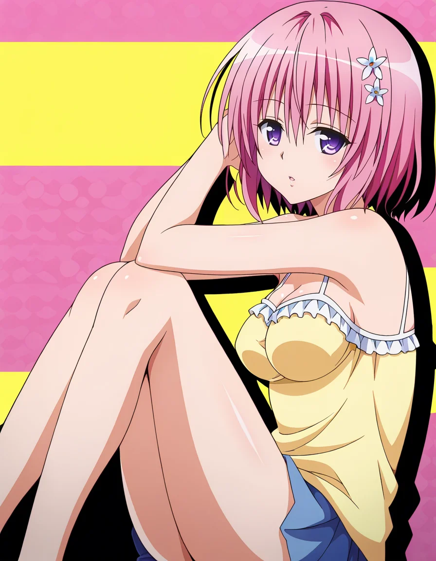 colorful, 1girl, solo, detailed background, <lora:momodevilvXLPonyV1:0.7>, momodevil, To Love-ru, momo velia deviluke, bob cut, short hair, pink hair, purple eyes, medium breasts, bright colors, pastel, bright pink hair, hair flower, parted lips, head back, half-closed eyes, adjusting hair, leg up, knee up, sitting, looking at viewer