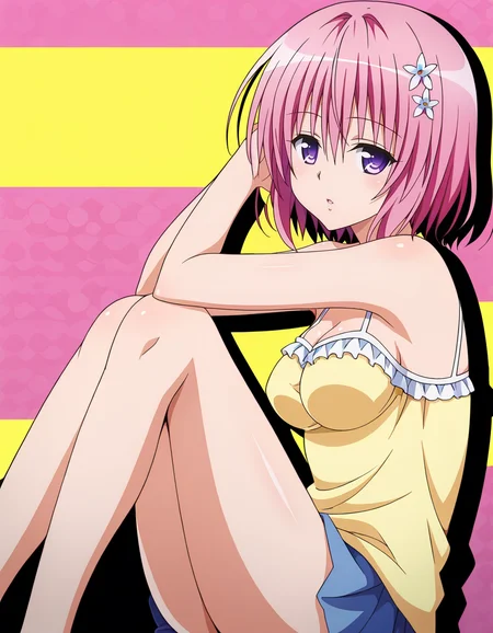 colorful, 1girl, solo, detailed background,  <lora:momodevilvXLPonyV1:0.7>, momodevil, To Love-ru, momo velia deviluke, bob cut, short hair, pink hair, purple eyes, medium breasts, bright colors, pastel, bright pink hair, hair flower, parted lips, head back, half-closed eyes, adjusting hair, leg up, knee up, sitting, looking at viewer