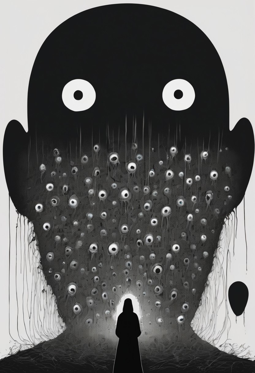 score_9, score_8_up, score_7_up, a background of eyeballs in a black void, 1 women cowering in fear, suffering from fear, guro, mind broken