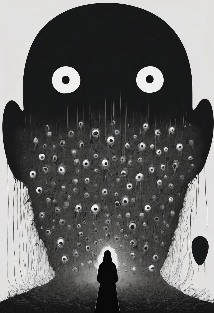score_9, score_8_up, score_7_up, a background of eyeballs in a black void, 1 women cowering in fear, suffering from fear, guro, mind broken