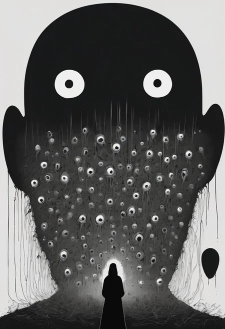 score_9, score_8_up, score_7_up, a background of eyeballs in a black void, 1 women cowering in fear, suffering from fear, guro, mind broken