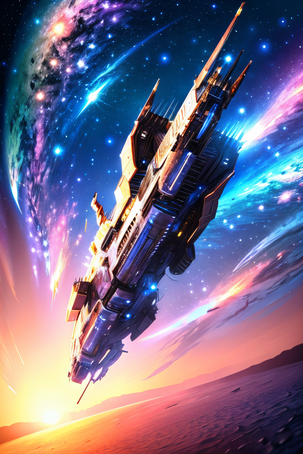 (Realistic:1.5) (masterpiece) machinery, cloud, sky, starry sky, simple background, holding gun, solo, spacecraft, galaxy, military, rain, cityscape, desert, ship, moon, no humans, artist name, gradient background, weapon, space, <lora:EdobSpaceShip01_v1.0:0.8>