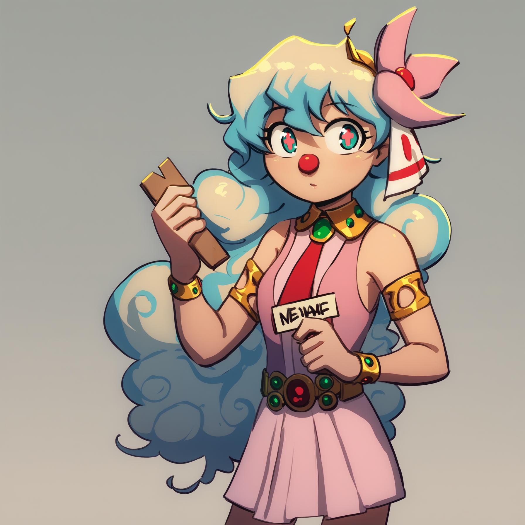 score_9, score_8_up, score_7_up, score_6_up, score_5_up, score_4_up, BREAK holding sign with "Z" text, (clown_makeup:1.2),
beautiful anime eyes, aqua eyes, cross-shaped pupils, symbol-shaped pupils, + +,
blonde hair, long hair, curly hair,multicolored hair, nia teppelin, two-tone hair, hair flower, hair ornament, short hair, curly hair, tengen toppa gurren lagann, <lora:niaTeppelin:0.8>
pink dress, jewelry, pink dress, red necktie, armlet, bare legs,
by fuel \(artist\),
<lora:PDXL_artist_tags_v2_big:1>