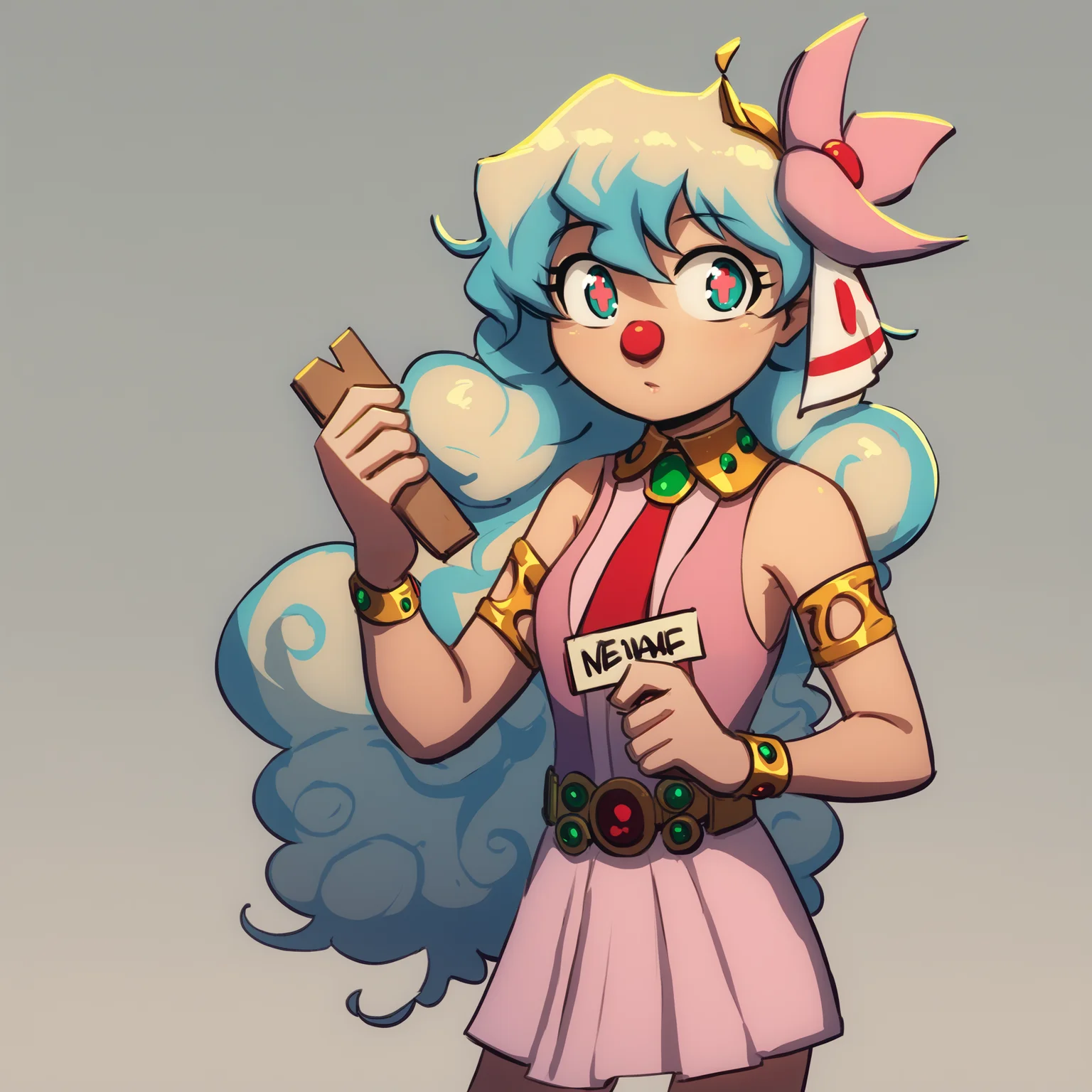score_9, score_8_up, score_7_up, score_6_up, score_5_up, score_4_up, BREAK holding sign with "Z" text, (clown_makeup:1.2),
beautiful anime eyes, aqua eyes, cross-shaped pupils, symbol-shaped pupils, + +,
blonde hair, long hair, curly hair,multicolored hair, nia teppelin, two-tone hair, hair flower, hair ornament, short hair, curly hair, tengen toppa gurren lagann, <lora:niaTeppelin:0.8>
pink dress, jewelry, pink dress, red necktie, armlet, bare legs,
by fuel \(artist\),
<lora:PDXL_artist_tags_v2_big:1>