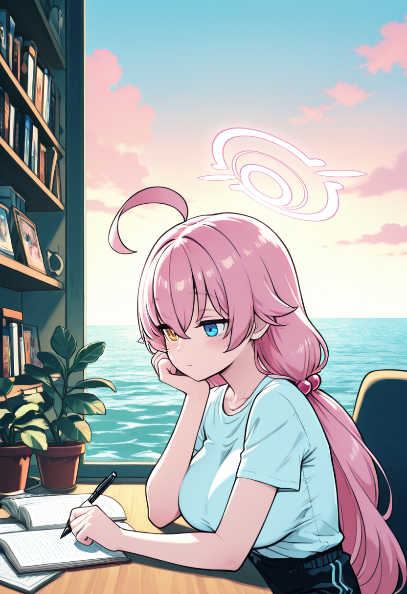 masterpiece, best quality, 1girl, solo, eyelashes, (beautiful eyes),   zzHoshinoB, blue eyes, yellow eyes, heterochromia, ahoge, hair bobbles, hair ornament, halo, hair between eyes, long hair, pink hair, (aged up:1.1), large breasts,   zzLofi, sitting, side view, desk, chair, book, bookshelf, head rest, holding, holding pen, lamp, open book, pen, plant, potted plant, sky, window, windowsill, writing, <lora:LofiGirl_Style_IXL:0.8>, beach, tropical plants, outdoors,   <lora:HoshinoBeach_IXL_v1:0.8>,   <lora:CitronKuroStyle_IXL:0.8>,