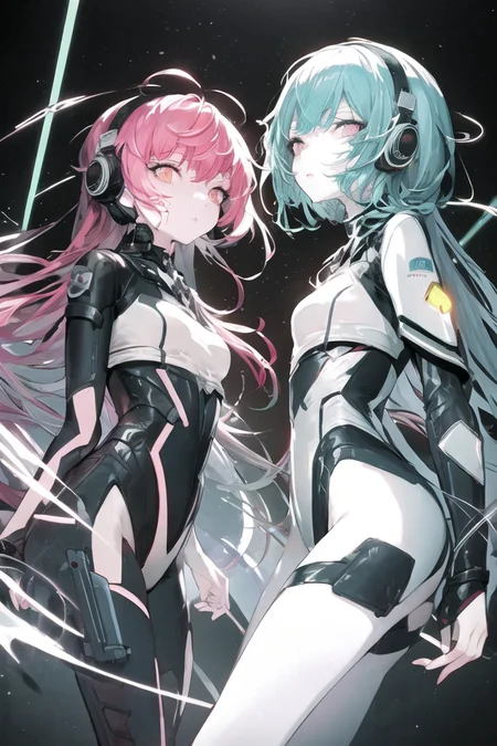 art by yaguru magiku, (001glitch-core, dreamcore), 8sconception, alberto-mielgo, anime-background-style-v2, Super Quality, Vaporwave,Synth Wave,weirdcore, dreamy, full body
(Concept Art, cyberpunk, vary blue and red and orange and pink hard light, intricate light, portrait of a robotic girl with pink hair and headphones in a city at night with neon lights and buildings in the background, in the Sci-fi City at night, white and intricate clothes, dynamic hair, haircut, dynamic fuzziness, beautiful and aesthetic, intricate light)
Visual effects:movie lights, [[red, blue, green, yellow, black, white, pink, purple, cowboy shot, ((colorful)), ink and wash painting, delicate and beautiful girl, ((illustration)), ((floating hair)), ((chromatic aberration))]]