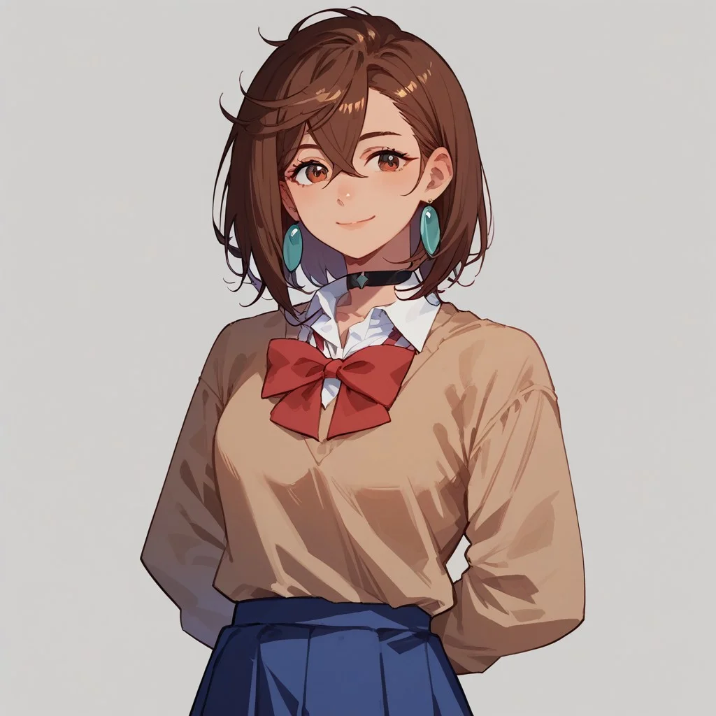 score_9, score_8_up, score_7_up, No outline, cowboy shot, ayase momo, solo, 1girl, brown hair, brown eyes, medium hair, hair between eyes, smile, white socks, black choker, school uniform, collared shirt, brown sweater, white shirt, blue skirt, knee-highs, miniskirt, long sleeves, red bow, red ribbon, best quality, detailed, masterpiece, Expressiveh