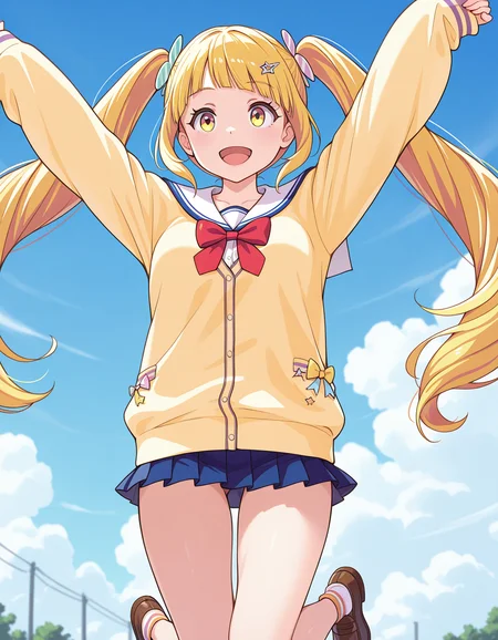 1girl, solo, yuwase cocoa, yellow hair, twintails, hair ornament, yellow eyes, smile, open mouth, school uniform, yellow cardigan, sleeves past wrists, sailor collar, blue skirt, microskirt, jumping, arms up, straight on, outdoors, blue sky, cloud <lora:yuwase_cocoa_ilxl_v1:0.7>