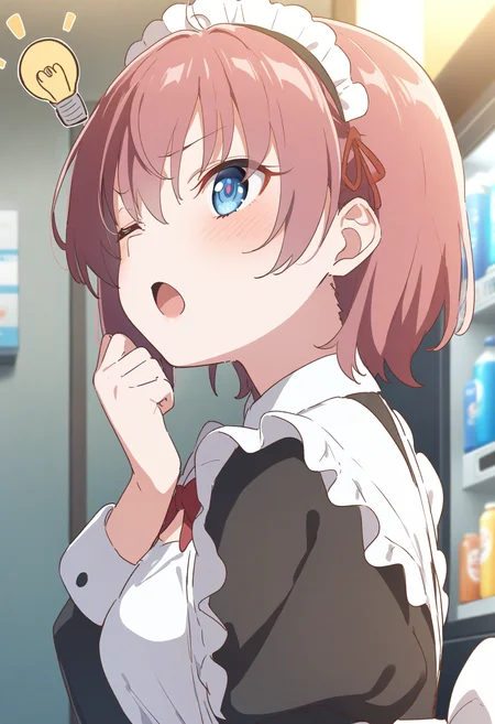 1girl,sincos, ningen mame, toosaka asagi,solo,medium breasts,20yo,maid,maid headdress,
Idea Light Bulb,<lora:Idealightbulb_XL_v1:0.8>
pink hair, white eyes,wince, by vending machine, open mouth, bob cut hair,,
best quality, very aesthetic, absurdres