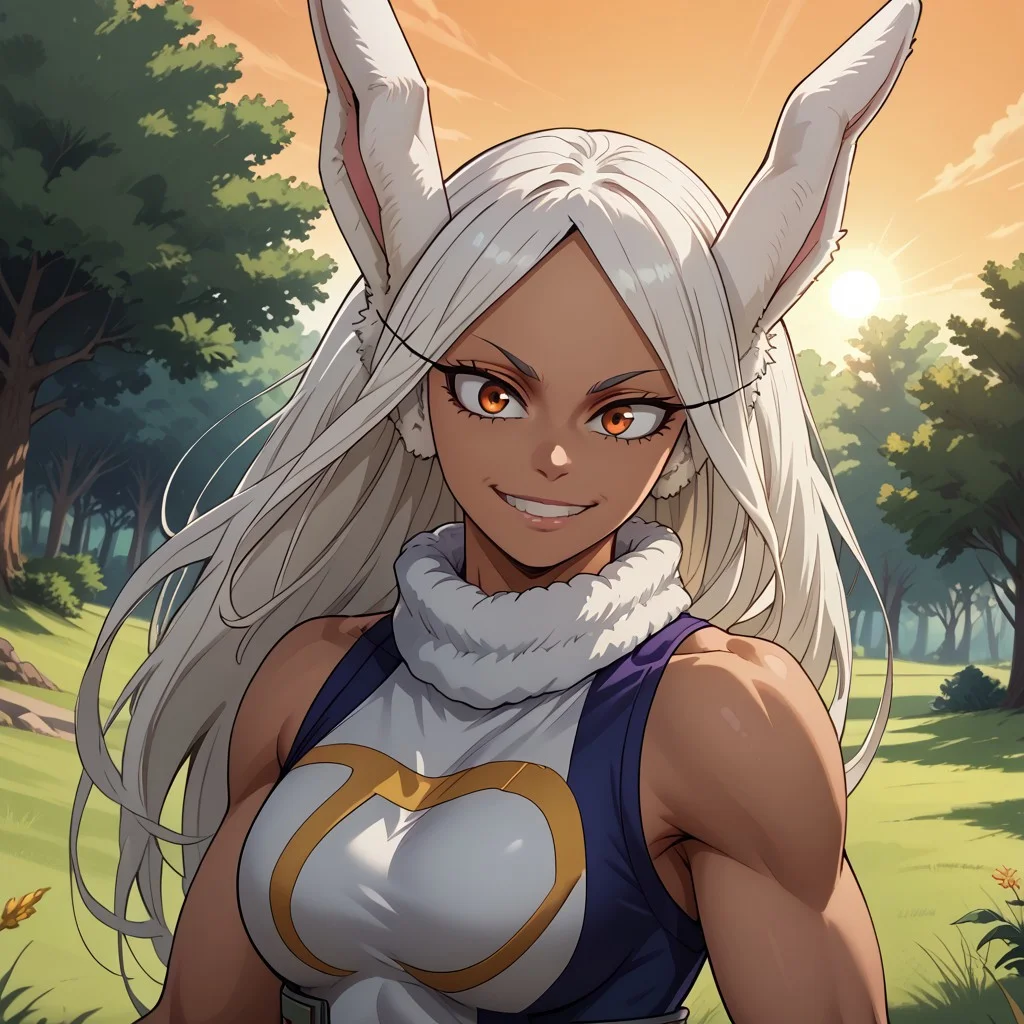 score_9, score_8, BREAK, Mirko, dark-skinned rabbit girl, rabbit ears, dark skin, dark skin female, boku no hero academia, anime screencap, sexy pose, self portrait, smile, outdoors, sunlight, shadows, evening lighting, natural lighting, forest, trees, grass, orange sky, sunset