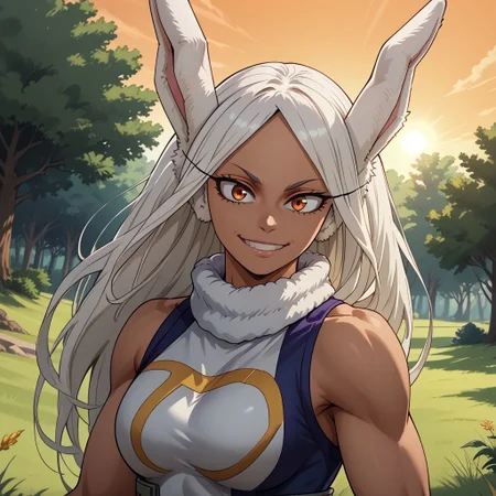 score_9, score_8, BREAK, Mirko, dark-skinned rabbit girl, rabbit ears, dark skin, dark skin female, boku no hero academia, anime screencap, sexy pose, self portrait, smile, outdoors, sunlight, shadows, evening lighting, natural lighting, forest, trees, grass, orange sky, sunset