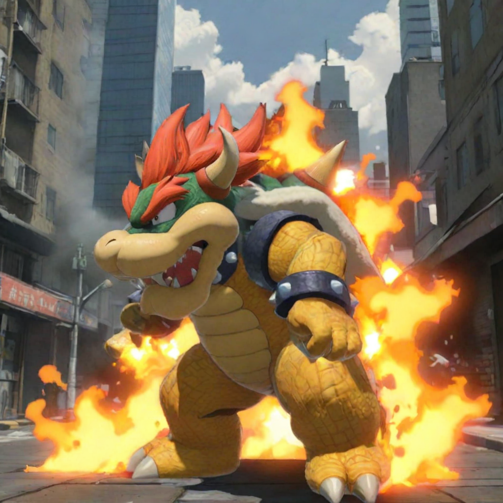 Bowser breathing fire in city. Anime style <lora:Bowser-cai:1> <lora:LCMSDXL:1>