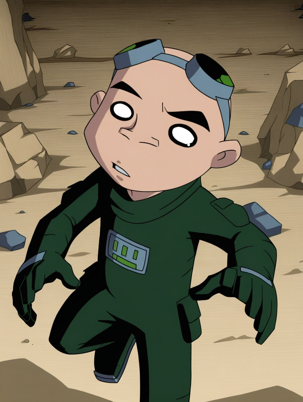 <lora:Gizmo-TT-illustrious:1>,gizmo-tt, 1boy, male focus, solo, bald, goggles on head, bodysuit,gloves,