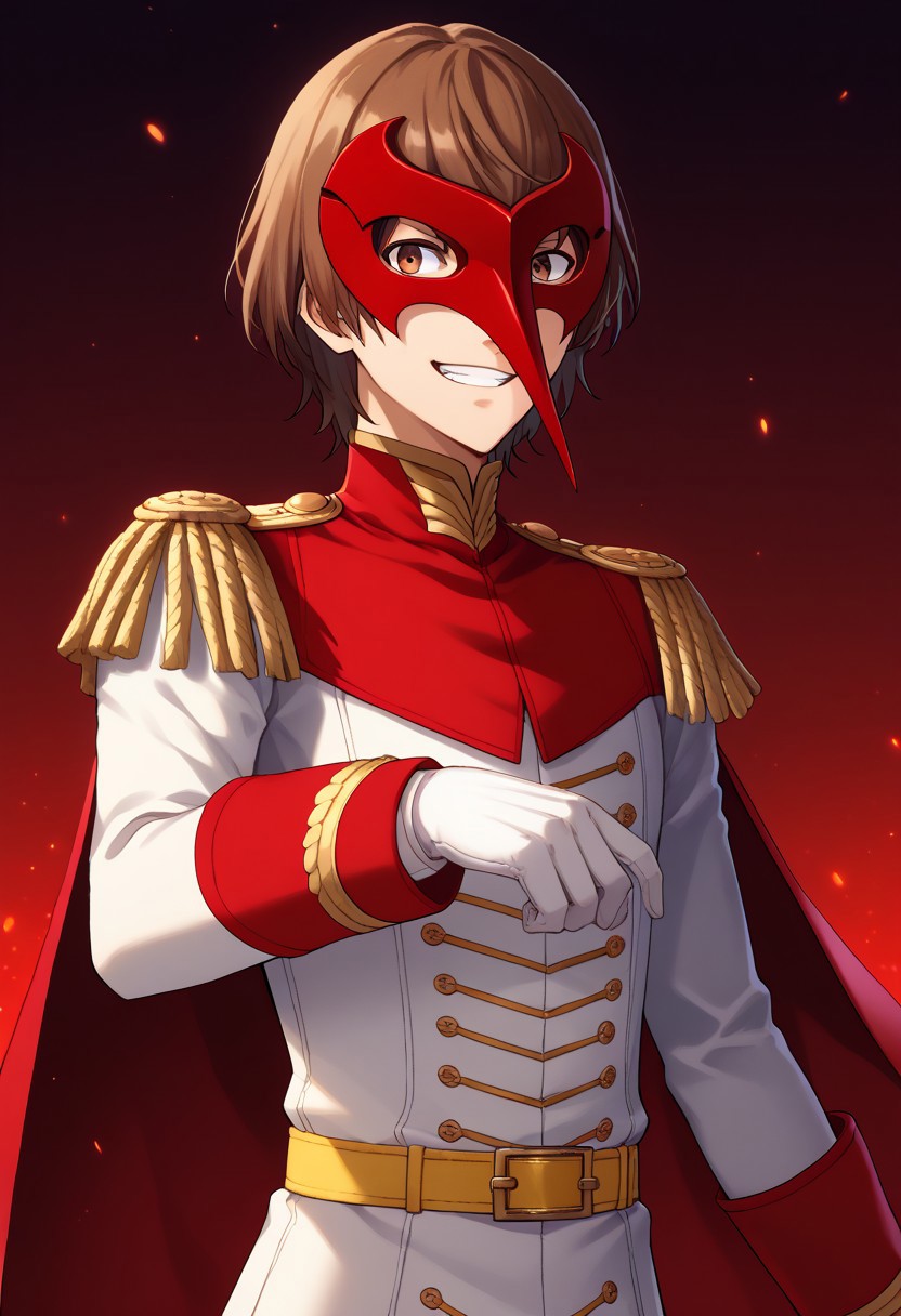 score_9, score_7_up, source_anime 
goro, 1boy, male focus, solo, brown eyes, brown hair, hair between eyes, crow outfit, mask, red mask, jacket, white jacket, long sleeves, cape, red cape, epaulettes, gloves, white gloves, belt, yellow belt, grin,
indoor, darkness, lights, red lights,
