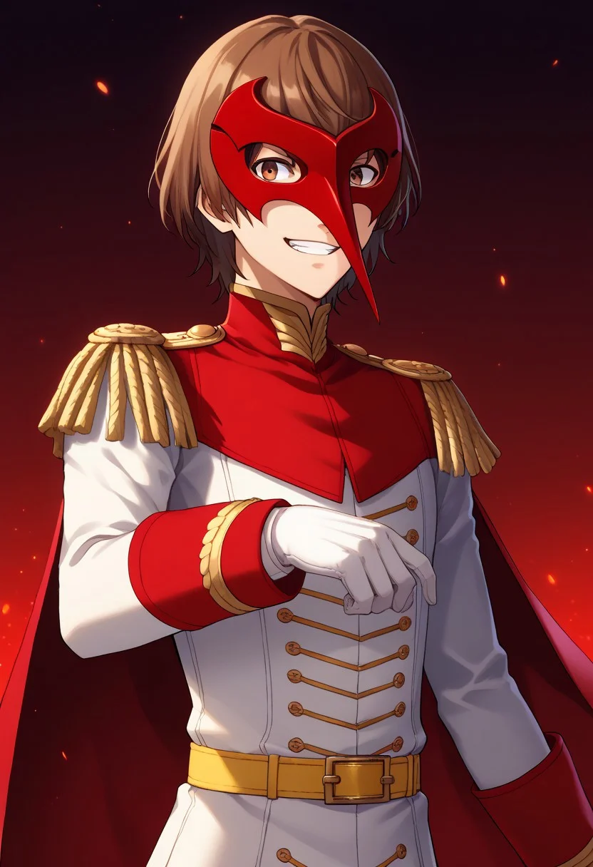score_9, score_7_up, source_anime
goro, 1boy, male focus, solo, brown eyes, brown hair, hair between eyes, crow outfit, mask, red mask, jacket, white jacket, long sleeves, cape, red cape, epaulettes, gloves, white gloves, belt, yellow belt, grin,
indoor, darkness, lights, red lights,
