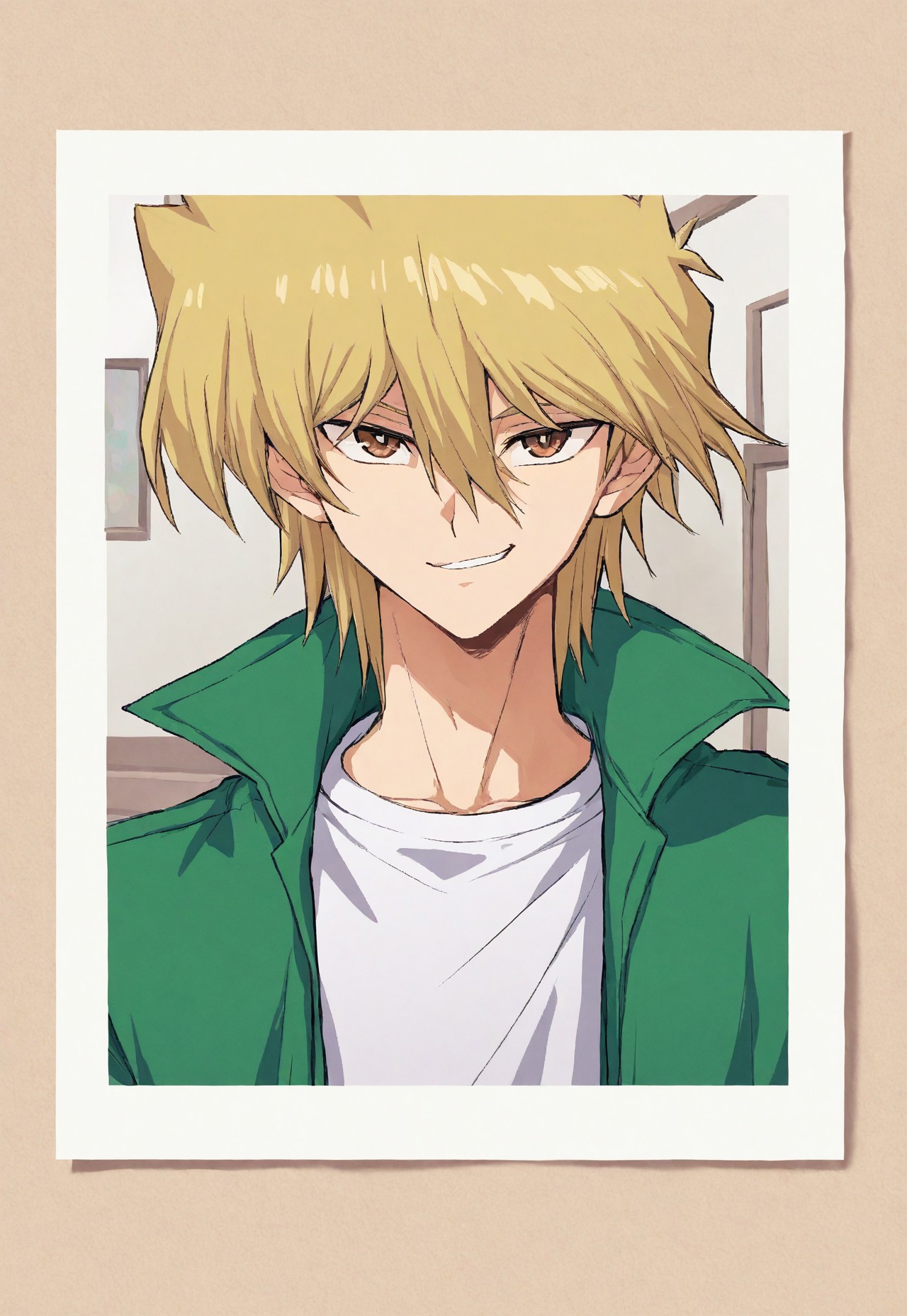 masterpiece, best quality, amazing quality, very aesthetic, absurdres, newest, detailed background, 1boy, solo, male focus, joeyWheeler, blonde hair, brown eyes, hair between eyes, bangs, green jacket, white shirt, close-up, smirk, polaroid, border