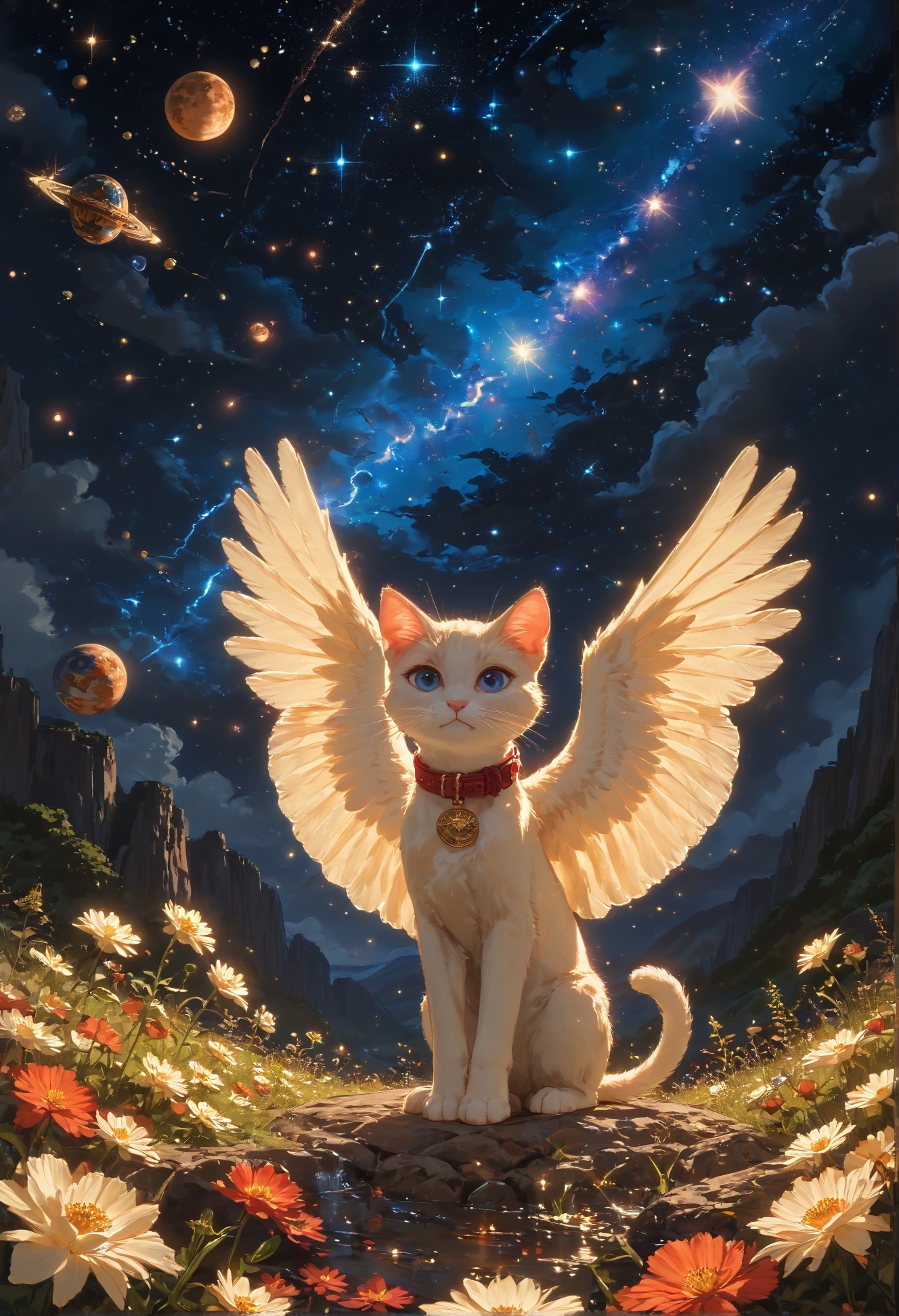 detailed background,Cinematic Lighting,film grain,score_9,score_8_up,score_7_up,zPDXL2,masterpiece,best quality,highly detailed,glowing,hand person,Expressiveh, <lora:(增强)sdxl_lightning_8step_lora:1>,<lora:glowneon_xl_v1:1>, <lora:(增强)Hands XL 4:1>,<lora:(增强)Expressive_H-000001:0.8>, <lora:Vixon\Vixon's Pony Styles Astro:0.8> , looking at viewer, blue eyes, jewelry, wings, sky, collar, no humans, animal, cat, star \(sky\), feathered wings, starry sky, angel wings, white wings, space, animal focus, planet, earth \(planet\), 4str0,