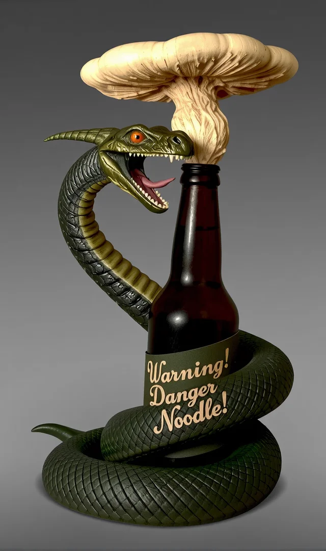 A large snake god wyvern, "The Malefic Viper", coiled around a brown beer bottle with a sizeable mushroom springing up from the top instead of beer.
The malefic viper's mouth is wide open with fangs ready to bit down on the mushroom.
The beer bottle has a label in artistic cursive letters, "Warning! Danger Noodle!"
The statue is highly detailed with each scale being a vibrant dark green color and the orange pupils with black slits and looks alive.
Simple background.