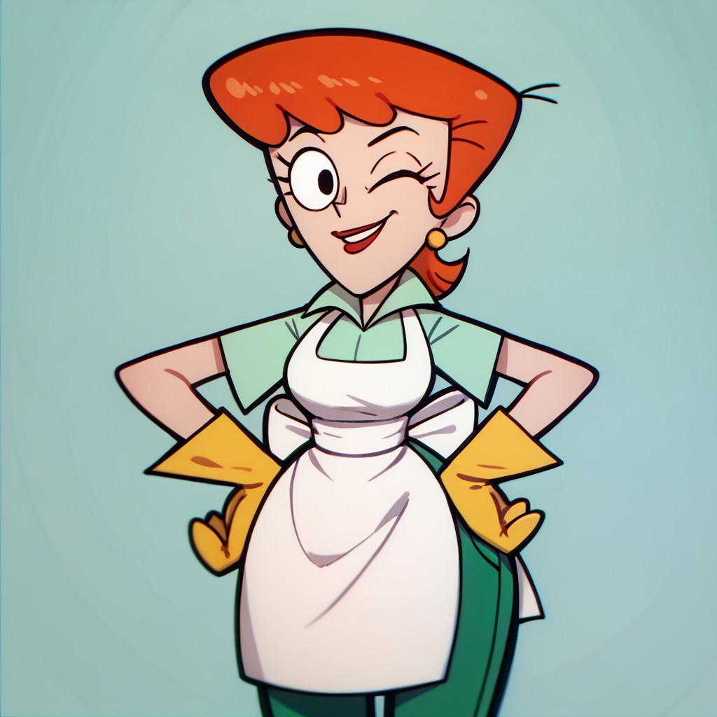 score_9, score_8_up, score_7_up BREAK DexMom, 1girl, short orange hair, black eyes, red lipstick, golden pearl earrings, yellow gloves, white body apron, light green polo shirt, dark green pants, hands on hips, cowboy shot, winking at viewer, happy,