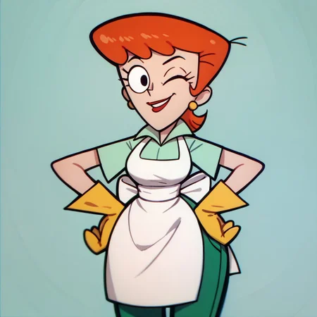 score_9, score_8_up, score_7_up BREAK DexMom, 1girl, short orange hair, black eyes, red lipstick, golden pearl earrings, yellow gloves, white body apron, light green polo shirt, dark green pants, hands on hips, cowboy shot, winking at viewer, happy,