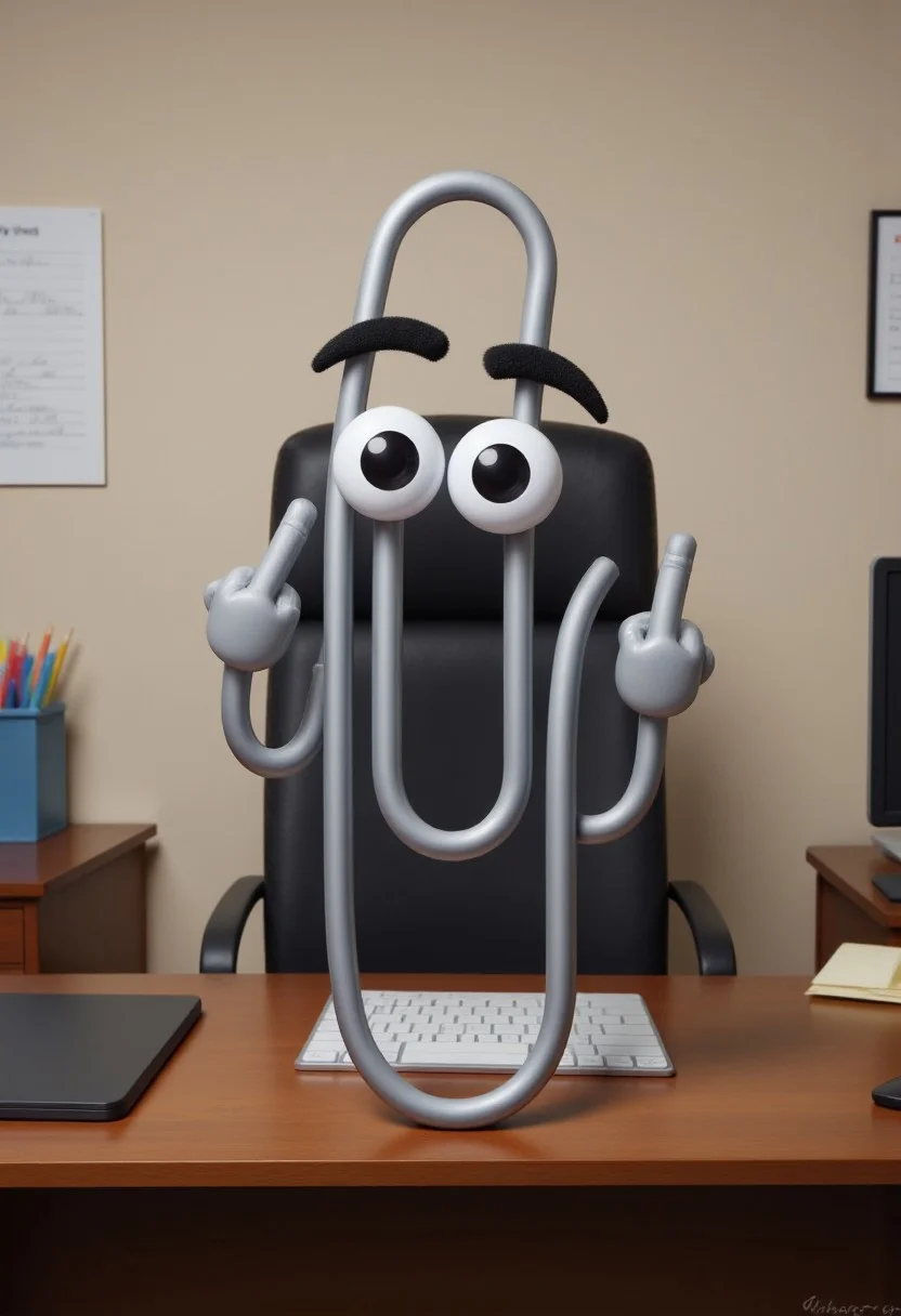 Angry Clippy the pokemon (creature) is sitting on an office hair. His eyes are bloodshot and he has V eyebrows. He is giving the viewer the middle finger. He has a murderous intent in his eyes.