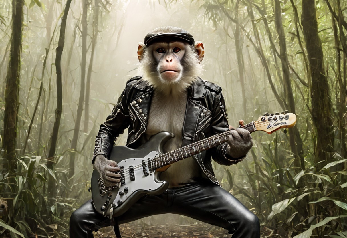 "Vervet monkey", "ultra realistic with high quality and ultra detail with excellent focus of Vervet monkey, presented as a rocker, rocker leather jacket and rocker leather hat on his head, playing electric guitar, in a scene with a lot of svelte and explosive effects, in jungle, forest,