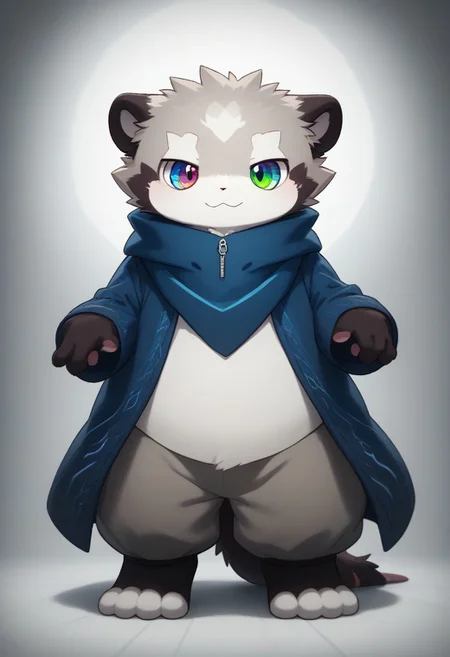 zuppu11, full body, solo, furry, score_9, score_8_up, look at viewer, male focus, raibow eyes, rainbow eyes, no humans, fractal iris, furry male, ferret