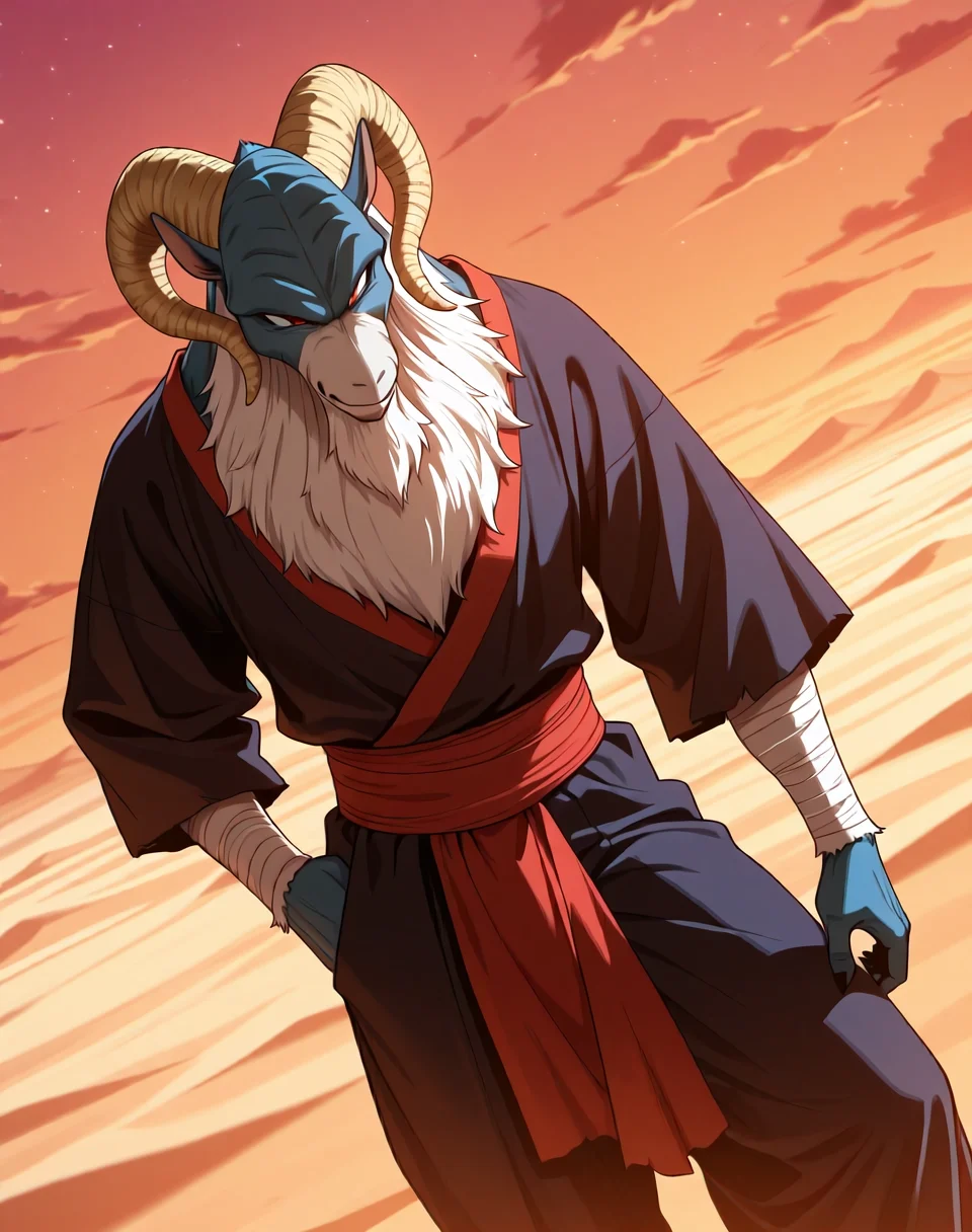 <lora:Moro_1st_Form_(Dragonball_Z)_(Illustrious)_(AD):1.5> Moro, muscular, goat,
((
dutch angle, exterior, desert, sky with detailed clouds,
male focus, gradient coloring, solo, cowboy shot, bent leg, perfect proportions, goat head, blue body, soft shading, evil smirk, old, aged up, frail, wrinkles, long white beard, thin waist,
)),
BREAK very awe, aesthetically pleasing, masterpiece, best quality, amazing quality, very aesthetic, perfect depth of field shot, in'ei, furry_art, source_furry, source_anime,
EZRealPONYXL, zPDXL, Smooth Quality, lazympos, IllustQualXL_Pos,