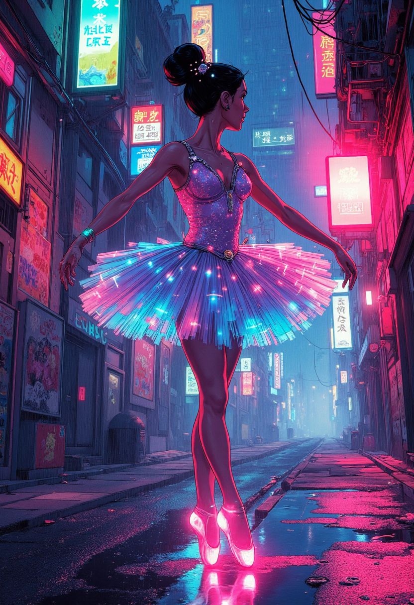 A captivating, enchantingly beautiful ballerina performing a delicate pirouette in a neon-lit alley, styled in a vivid cyberpunk aesthetic. The ballerina wears an iridescent, futuristic tutu with holographic accents, her movements radiating grace and elegance. Her hair is tied in a sleek bun, adorned with glowing LED pins, and her pointe shoes emit soft neon light with each step. The alley is narrow, framed by towering buildings with flickering holographic advertisements and graffiti glowing under ultraviolet light. The atmosphere is filled with mist from steam vents, diffusing the electric hues of pink, blue, and purple, creating an ethereal glow. The ground is wet, reflecting the kaleidoscope of neon lights, adding depth and vibrancy. The mood is otherworldly and mesmerizing, with a dynamic interplay of movement and the futuristic cityscape. Shot with a cinematic wide-angle lens, shallow depth of field, focusing on the ballerina's serene expression, with bokeh effects amplifying the magical ambiance. The color palette is rich with electric shades and contrasting shadows, evoking a sense of mystery and artistry. Tiny rain droplets glimmer in the neon glow, adding texture to the scene. ff-comic  <lora:Comicbook_Flux:0.7> <lora:RetroAnimeFluxV1:0.3> <lora:Hand v2:1> <lora:FluxDFaeTasticDetails:0.4>
