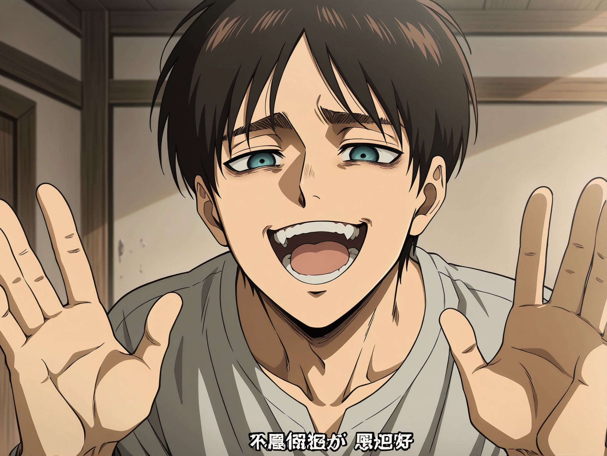 masterpiece, best quality, newest, absurdres, highres, detailed eyes, beautiful, detailed background, perfect eyes, anime coloring, anime screencap,
shingeki no kyojin, official art, 
Eren Yeager,
<lora:My_dad_got_the_MVP:0.8>My dad got the MVP,Inside the palm:1.5),waving, 
Got the MVP, (Hands raised with palms) facing outward,half-closed eyes, 
1boy, male focus,open mouth,crazy smile, teeth, 
shirt,solo,holding,subtitled,meme,
