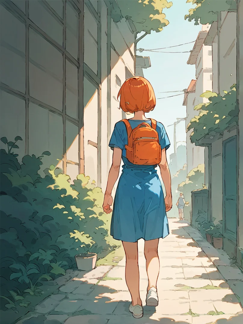 score_8_up, score_7_up, score_6_up, source_anime, 1girl, solo, outdoors, from behind, walking
happy, 
mini backpack <lora:Mini_Backpack:1>
orange backpack
blue dress