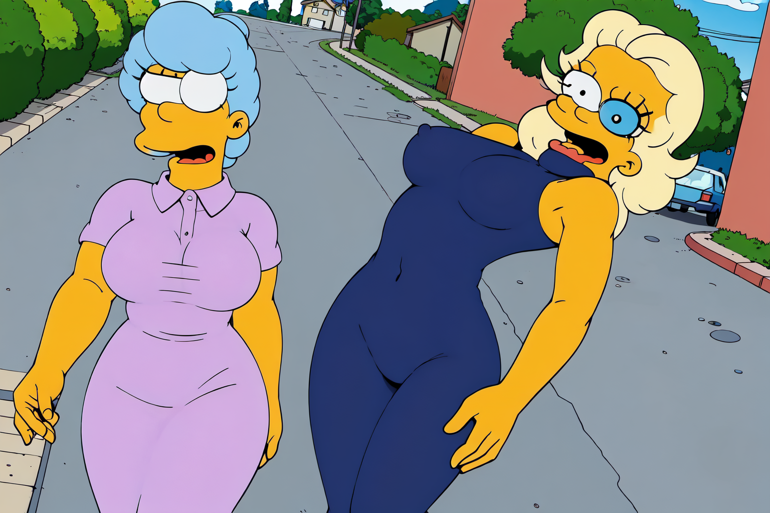 a woman with sexy body and outfit, walking in the sidewalk, (well draw eyes and eye pupil:1.2), EdobSimpsons  <lora:EdobSimpsons_v1.0:0.8>