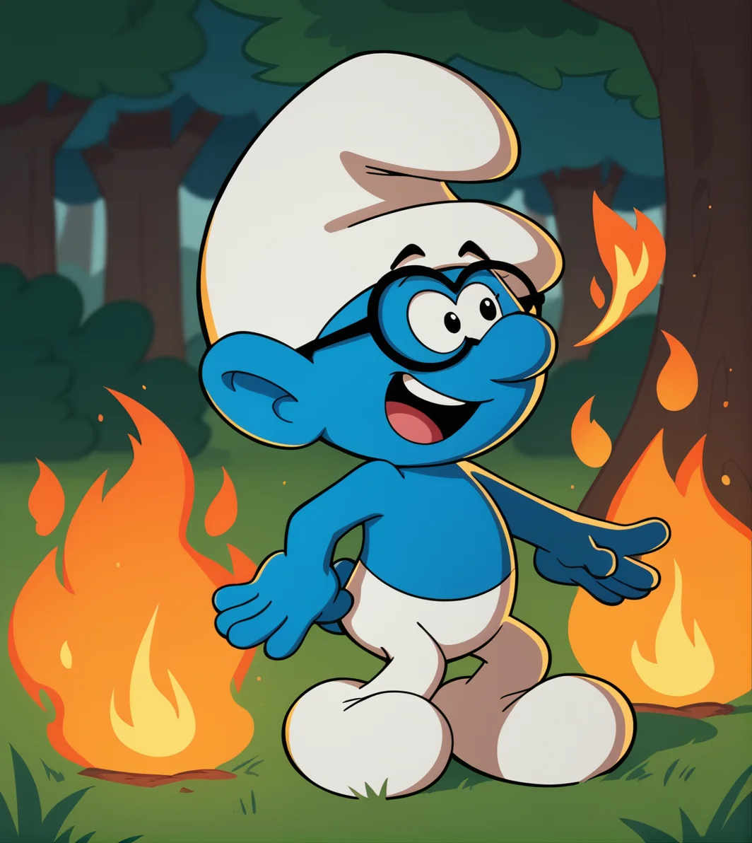 score_9,score_8_up, score_7_up,
<lora:Smurf_Character_Pack:1>
Brainy_Smurf, 1boy, solo, blue skin, white pants, black glasses, white hat, white shoes, outdoors, tree, grass, fire, fire in background, cartoon, source_cartoon, open mouth,