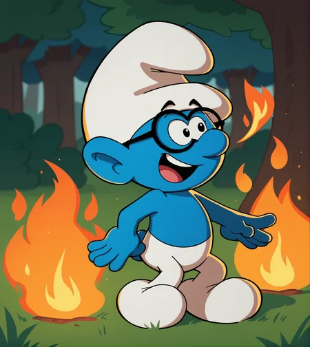 score_9,score_8_up, score_7_up,
<lora:Smurf_Character_Pack:1>
Brainy_Smurf, 1boy, solo, blue skin, white pants, black glasses, white hat, white shoes, outdoors, tree, grass, fire, fire in background, cartoon, source_cartoon, open mouth,