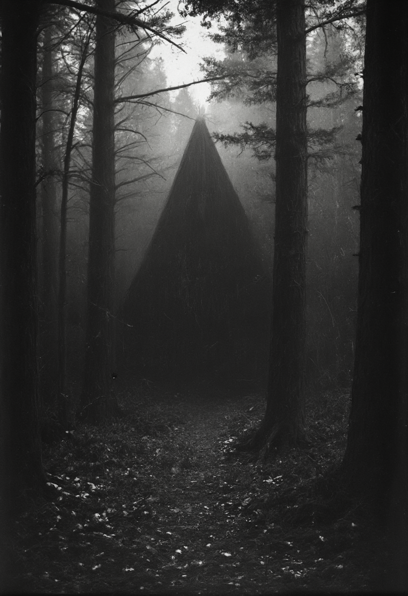 occult, old photo, dark creepy, ancient forest, cathedral, black and white photo, dark, shadow, distorted, grainy, film grain, Victorian